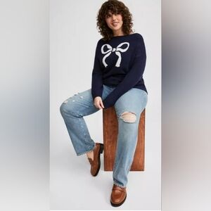 Torrid Vegan Cashmere Boat Neck Pullover Sweater  Navy Blue White Bow Size 2 NWT